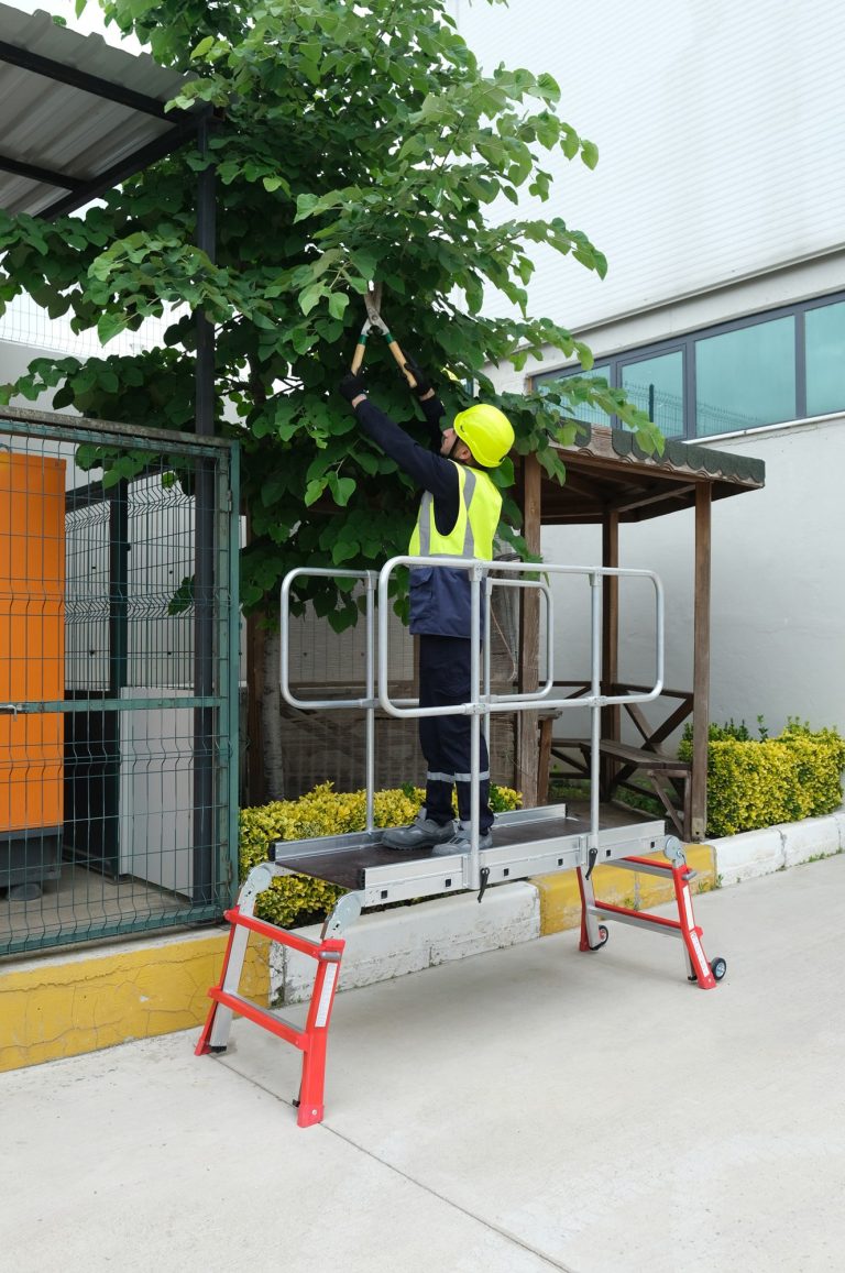 Trabajador sobre plataforma industrial Dual Teles podando un árbol