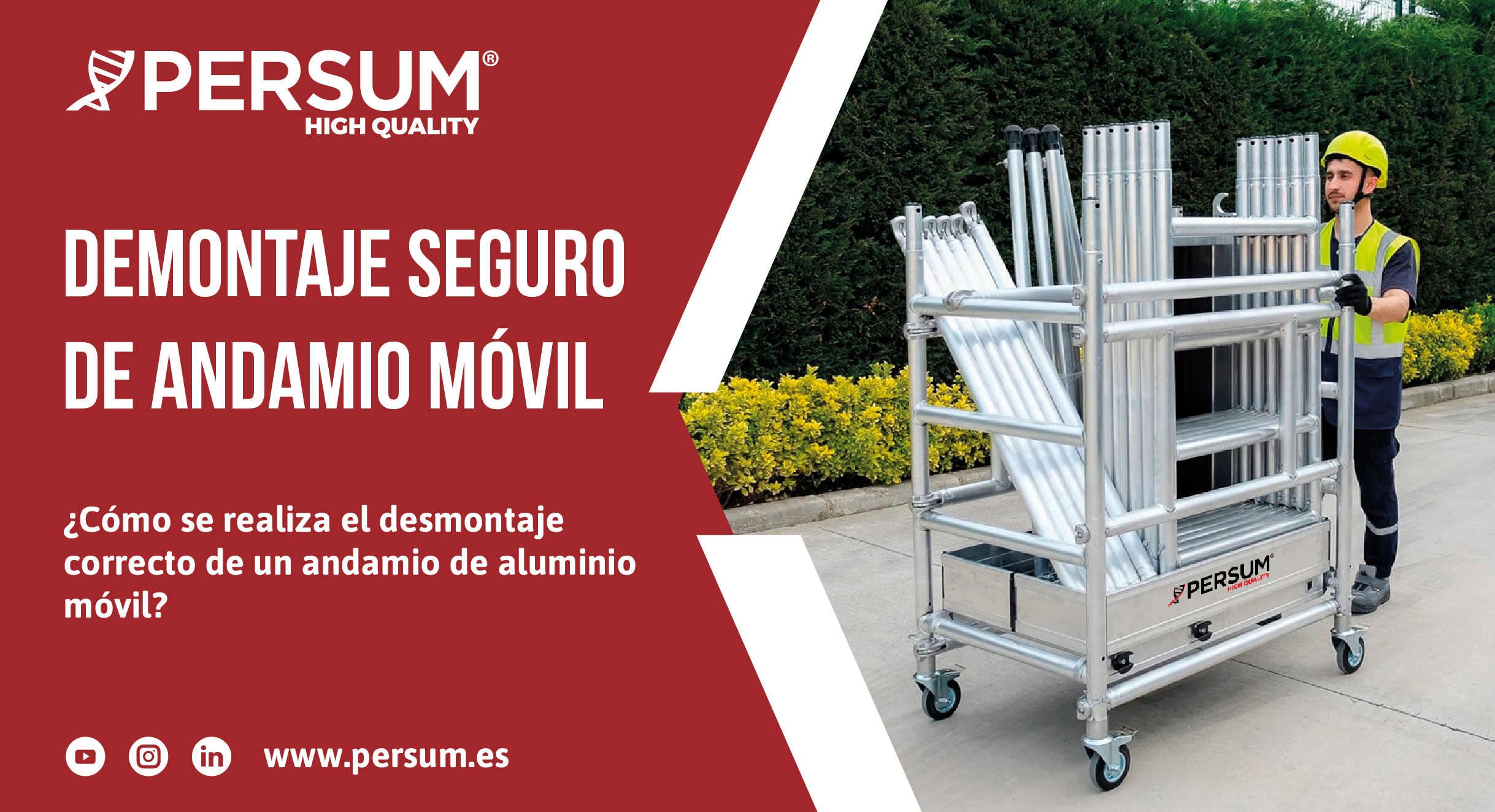 Operario desmontando andamio de aluminio móvil según norma EN 1004