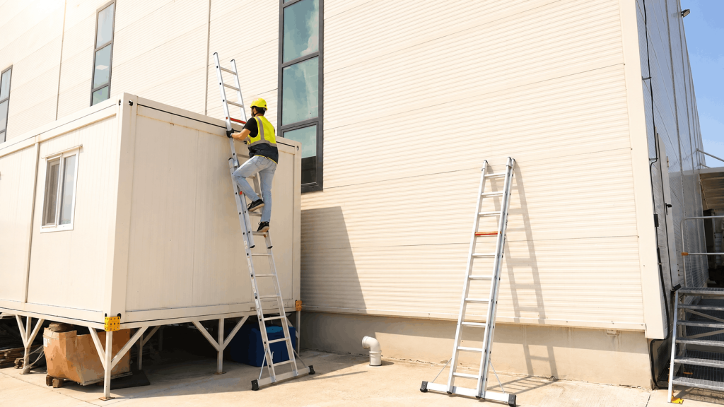 Escalera de aluminio profesional utilizada en trabajos de mantenimiento en altura.