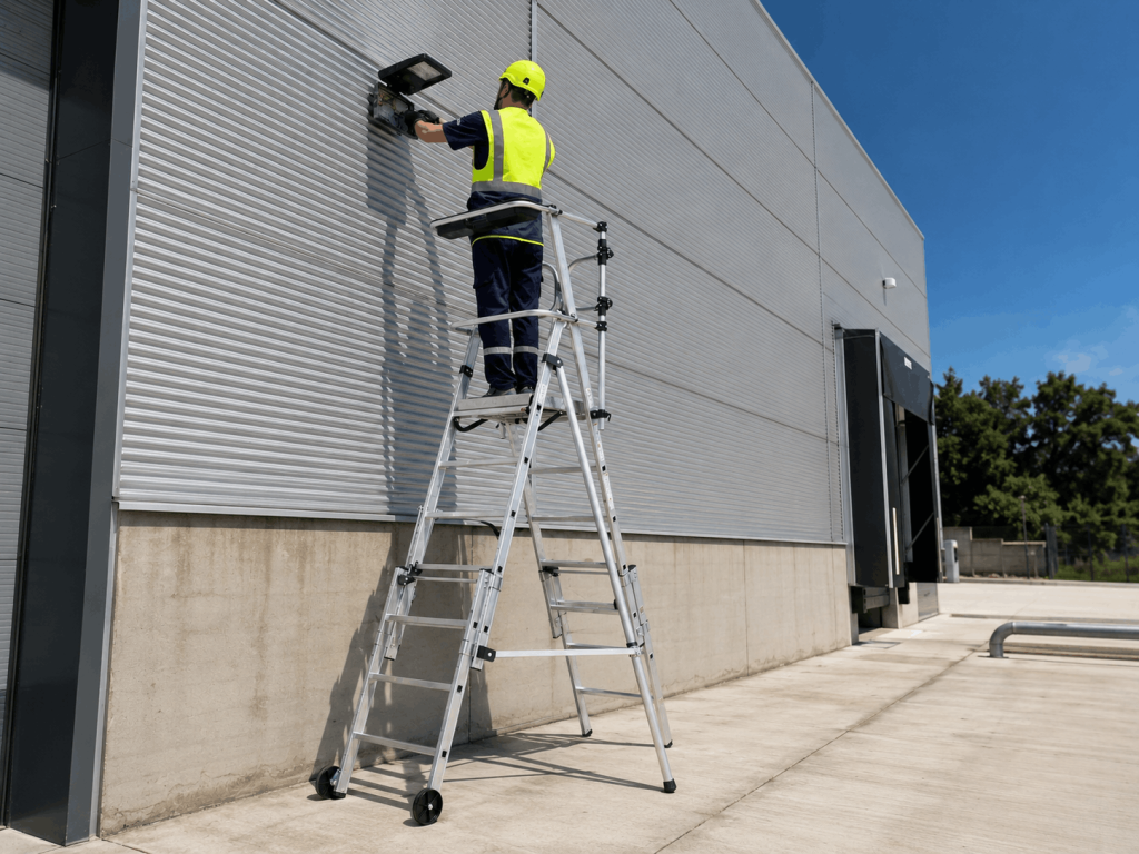 Plataforma de trabajo de aluminio utilizada en trabajos en altura durante el verano.