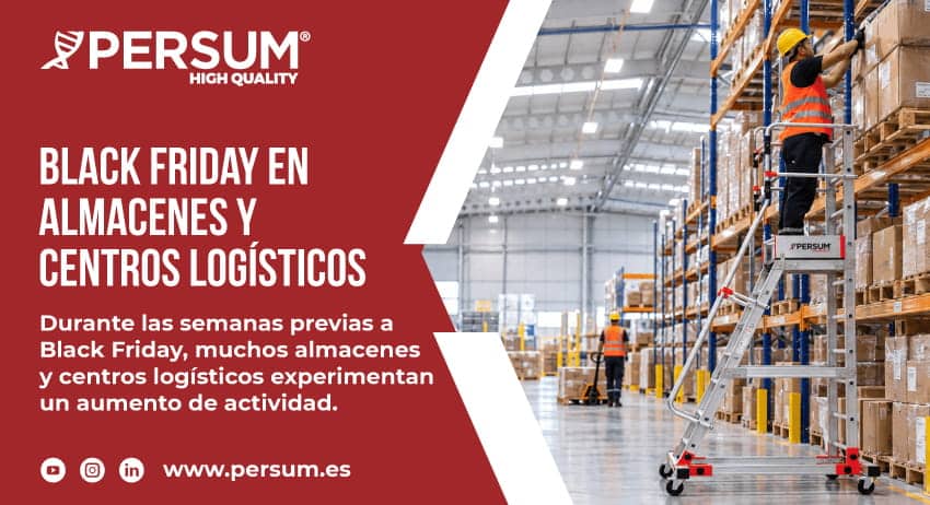 Trabajador utilizando una plataforma de aluminio PERSUM en un almacén logístico con alta actividad